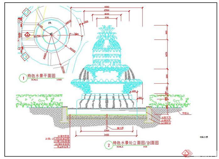 喷泉立面图手绘图