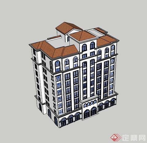 西班牙风格酒店式公寓住宅建筑设计su精细模型