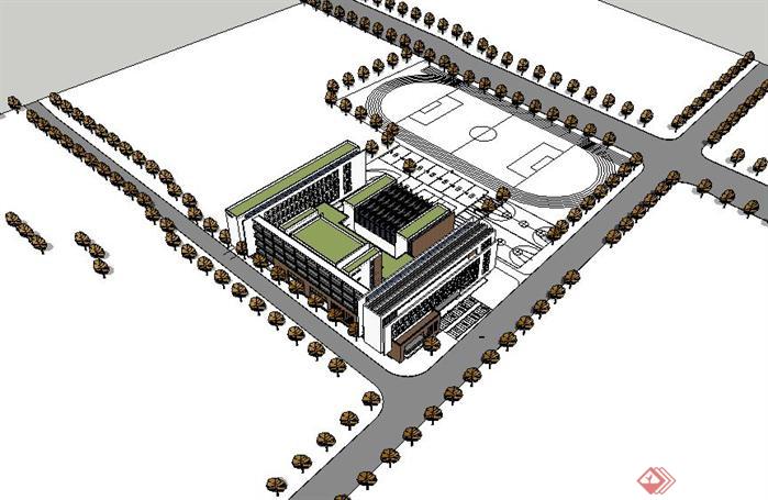 一个新中式小学教学楼建筑方案SU精致设计模