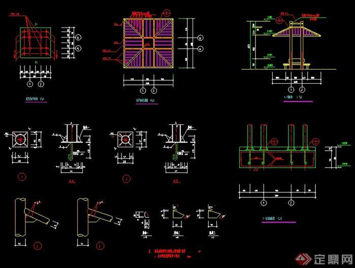 含有亭子的平剖面图,凉亭基础平剖面面图,顶面结构图,多个节点详图