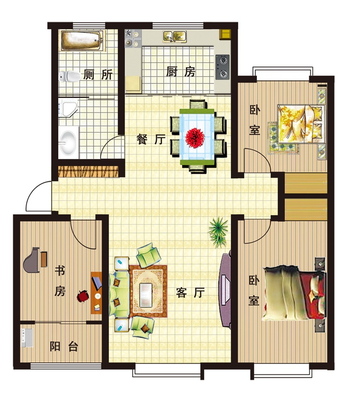 三室两厅 一厨一卫 室内设计 户型平面 图 psd格