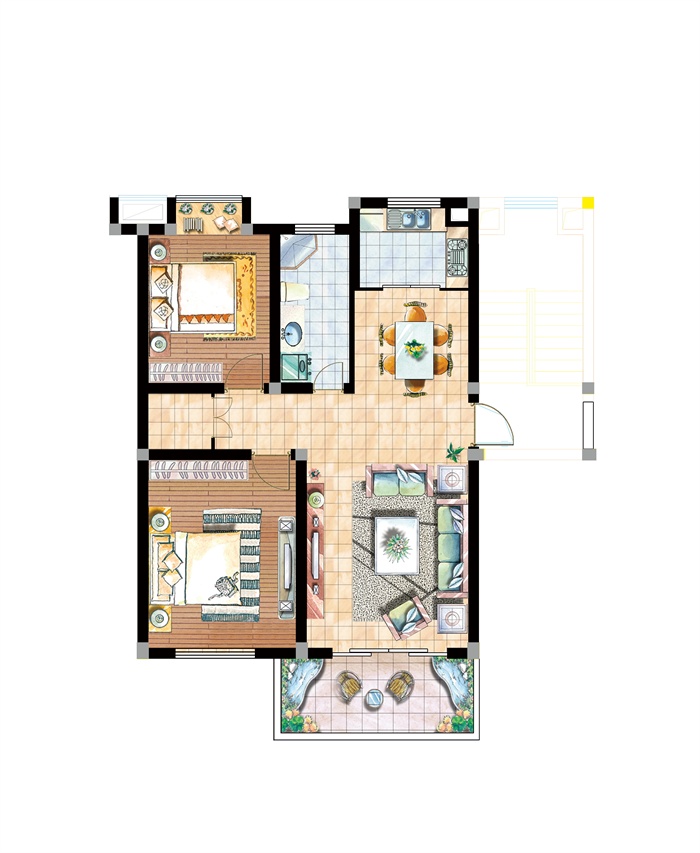 某两室两厅一厨一卫室内设计psd户型图,手绘效果图表现到位,图层分层