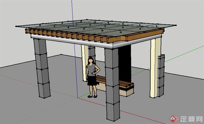 方形玻璃顶景观廊架SketchUp(SU)3D模型