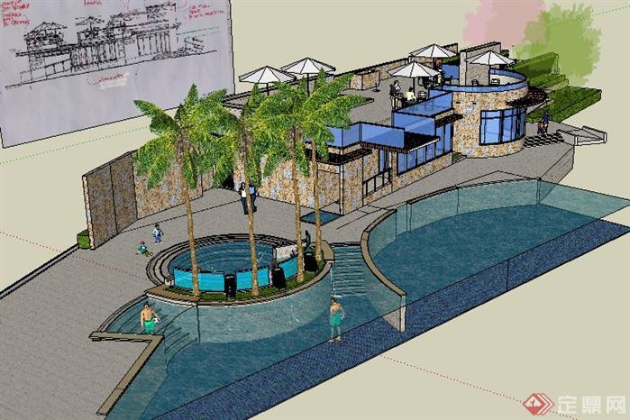 一个东南亚风格游泳池景观设计SketchUp(SU)3D模型1