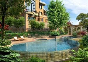 某别墅庭院游泳池园林景观设计效果图psd格式