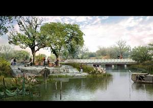 某河道滨水码头园林景观设计效果图psd格式