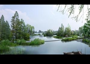 某湿地河道园林景观设计效果图psd格式