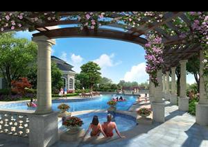 某小区欧式花架和游泳池园林景观设计效果图psd格式