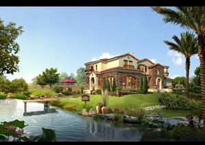 某地中海风格别墅及花园园林景观设计效果图psd格式