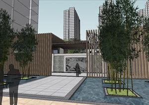 某现代中式住宅区入口大门及中央景观设计SU(草图大师)(Sketchup)模型