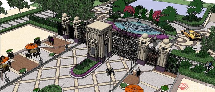某法式风格居住区入口大门和景观设计SketchUp(SU)3D模型1