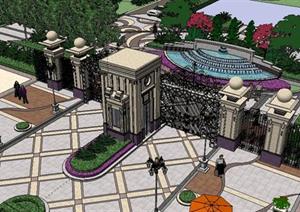 某法式风格居住区入口大门和景观设计SketchUp(SU(草图大师))3D模型