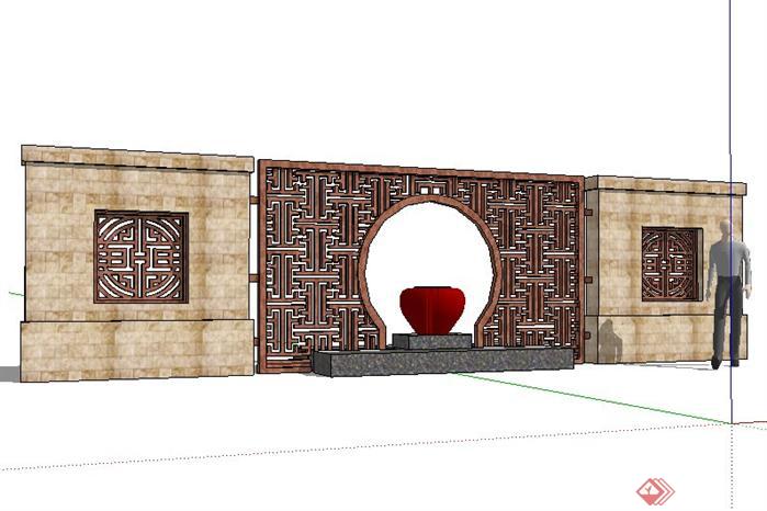 某中式景观墙设计SketchUp(SU)3D模型