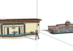 2款欧式景墙和喷泉水景设计SketchUp(SU(草图大师))3D模型