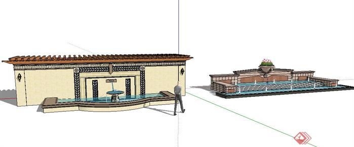 2款欧式景墙和喷泉水景设计SketchUp(SU)3D模型