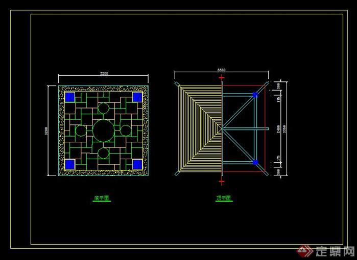 四方亭顶视图、平面图