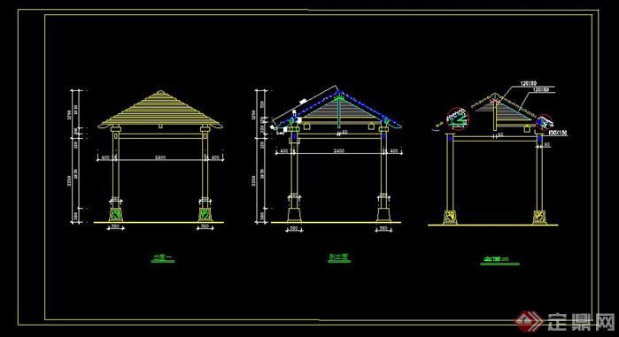 四方亭立面图、剖面图