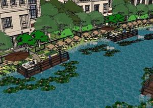 一个滨水别墅水景区景观设计SU(草图大师)模型