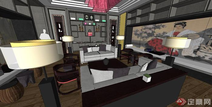 新中式客厅室内装潢设计方案SU精致模型