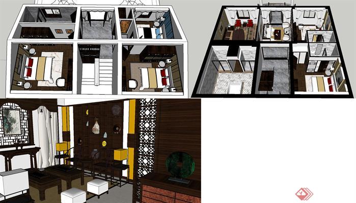 三层别墅室内新中式装潢方案SU精致设计模型