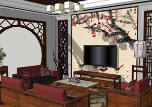 中式小客厅装潢设计方案SU(草图大师)精致模型