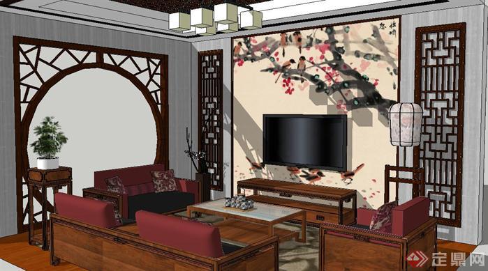 中式小客厅装潢设计方案SU精致模型