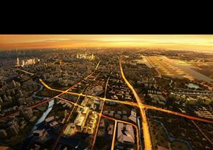 某大型城市规划设计黄昏效果图PSD源文件