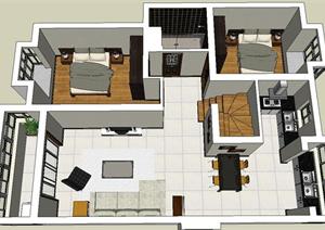 现代二室二厅家装方案SU(草图大师)精致设计模型
