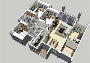 现代四室二厅家装完整方案SU(草图大师)精致设计模型
