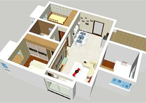 简约清新二室二厅家装方案SU(草图大师)精致设计模型