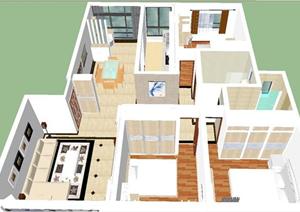 现代三室二厅家装方案SU(草图大师)精致设计模型