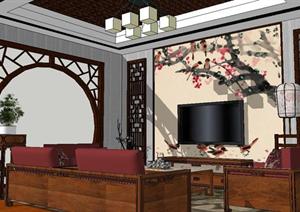 新中式小客厅家装方案SU(草图大师)精致设计模型