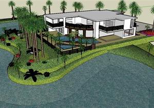 现代风格别墅建筑外环境景观设计sketchup模型