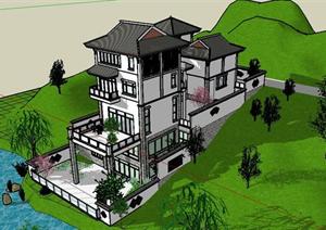 中式风格清远住宅建筑设计sketchup模型