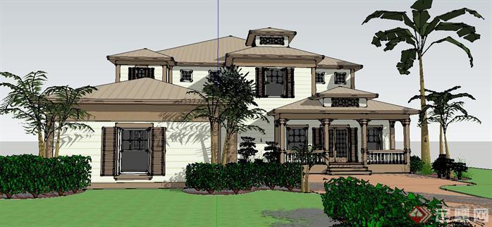 某欧式别墅建筑和花园景观设计sketchup模型