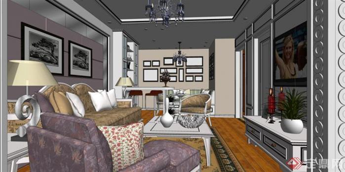 一套公寓欧式装潢方案SU精致设计模型