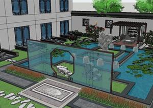 一个办公楼中式水景庭院方案SU(草图大师)精品设计模型