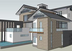新中式别墅建筑方案SU(草图大师)精致设计模型