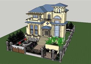 欧式别墅精细模型带庭院景观+CAD平面