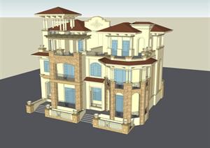 欧式双拼别墅两户建筑设计SU(草图大师)模型