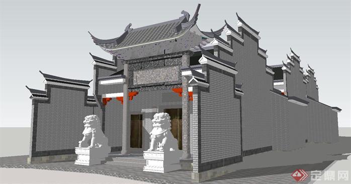 一个新中式祠堂建筑方案SU精致设计模型(1)