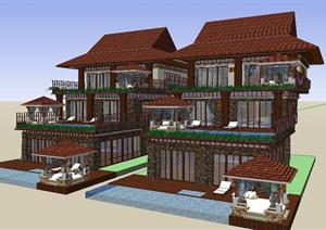 三个东南亚风别墅方案SU(草图大师)精致设计模型