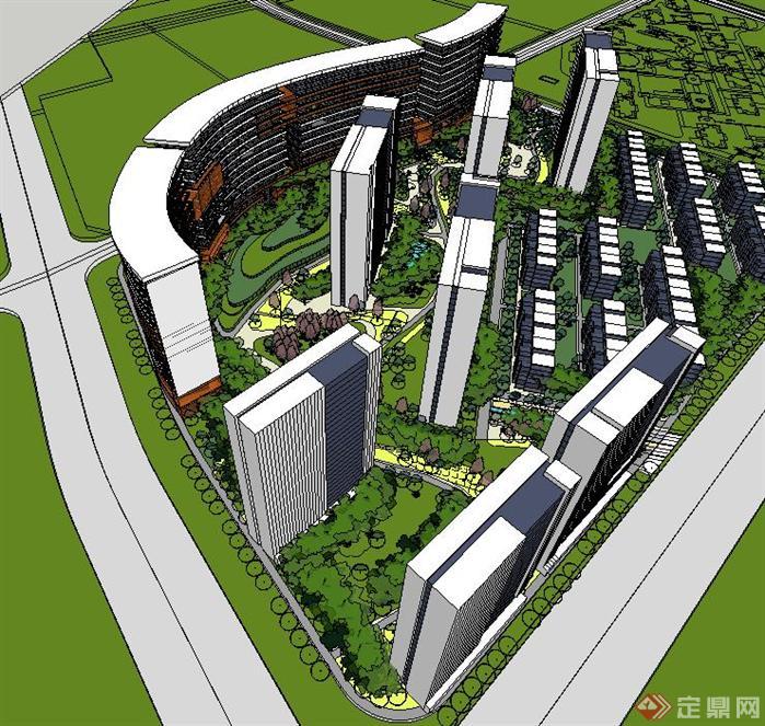 现代综合大型高层住宅小区规划方案SU精致设计模型(1)