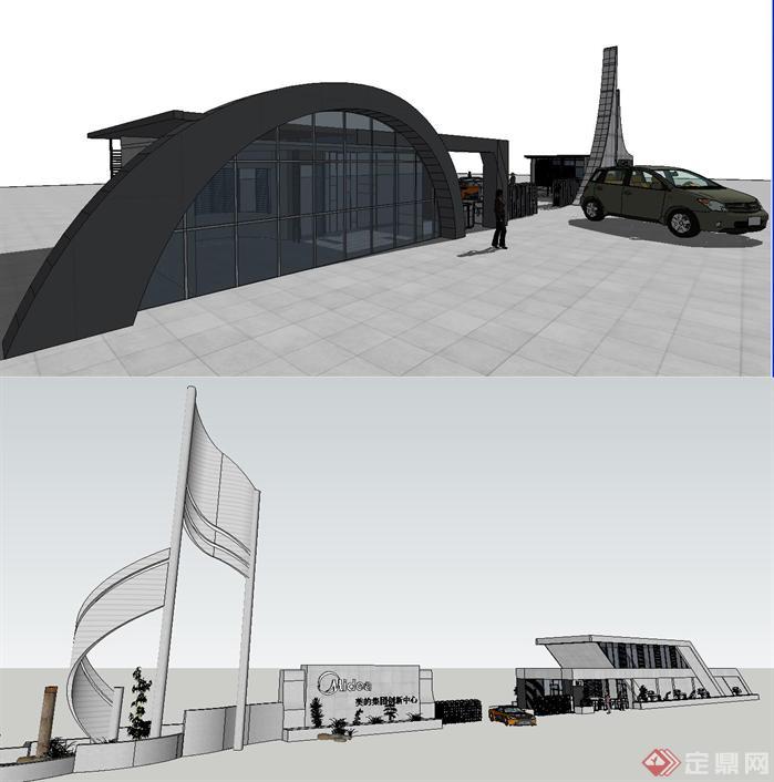 两个大门门岗亭建筑方案SU精致设计模型(3)