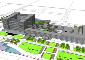 现代多层办公楼建筑设计及环境SU(草图大师)模型