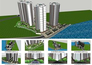 现代滨河高层居住组团建筑设计方案SU(草图大师)模型