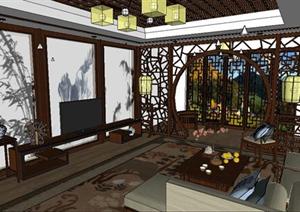 一个新中式客厅家装方案SU(草图大师)精致设计模型