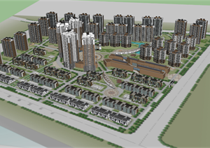 居住区整体规划设计Su模型 住宅+商业+幼儿园+会所  内附住宅平面图