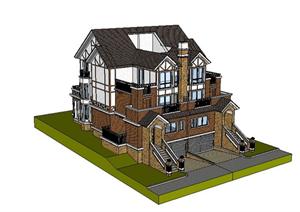 英伦风格双拼别墅建筑sketchup模型设计