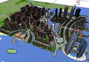 滨海养生居住区城市设计sketchup模型，CAD总图与PS彩图